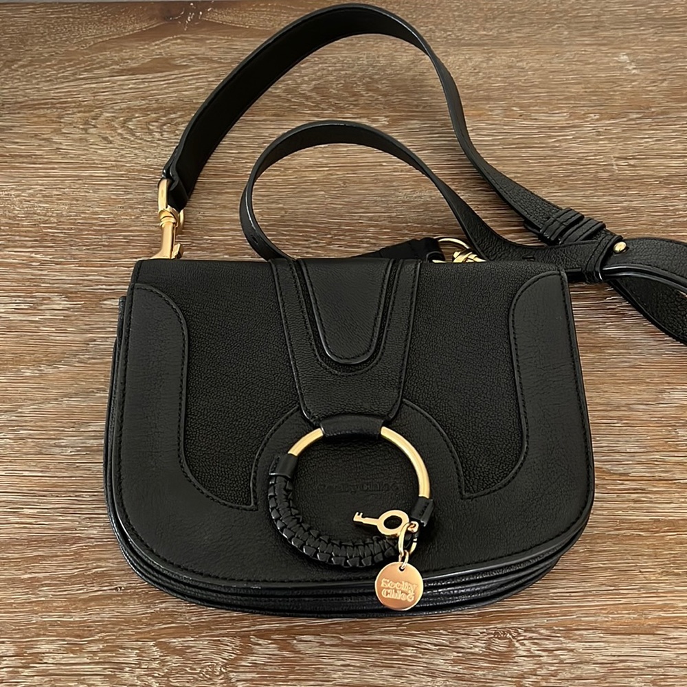 SEE by Chloè Black Leather Hana Shoulder Bag with Gold Hardware